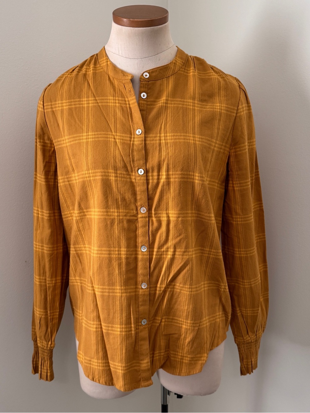 FAHERTY Small Harper Button Top Aspen Gold Plaid Long Sleeve Organic Cotton